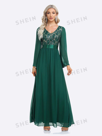 Contrast Sequin Flounce Sleeve Chiffon Bridesmaid Dress