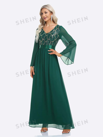 Contrast Sequin Flounce Sleeve Chiffon Bridesmaid Dress