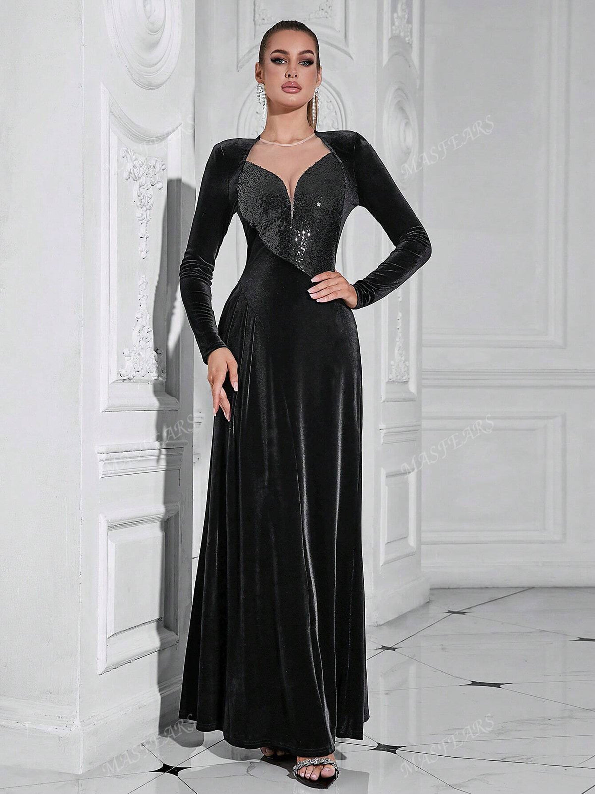 Contrast Sequin Long Sleeve Mother Of The Bride Dres,Wedding Event Dress