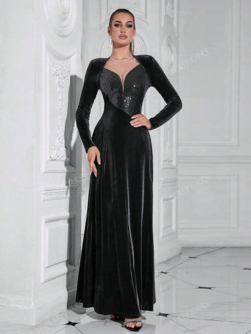Contrast Sequin Long Sleeve Mother Of The Bride Dres,Wedding Event Dress
