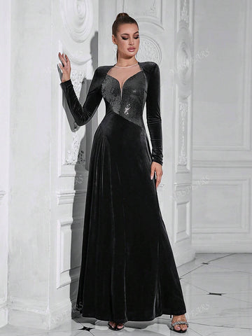 Contrast Sequin Long Sleeve Mother Of The Bride Dres,Wedding Event Dress