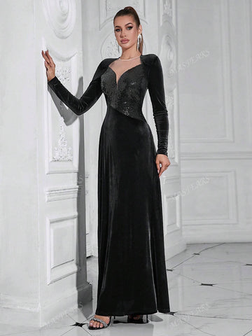 Contrast Sequin Long Sleeve Mother Of The Bride Dres,Wedding Event Dress