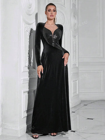 Contrast Sequin Long Sleeve Mother Of The Bride Dres,Wedding Event Dress