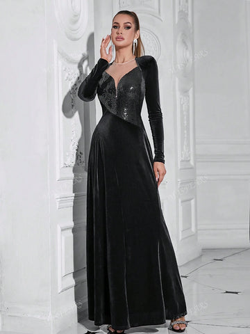 Contrast Sequin Long Sleeve Mother Of The Bride Dres,Wedding Event Dress