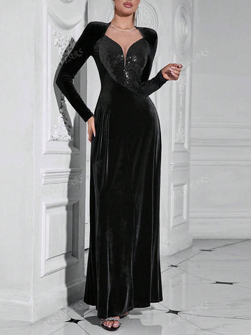 Contrast Sequin Long Sleeve Mother Of The Bride Dres,Wedding Event Dress