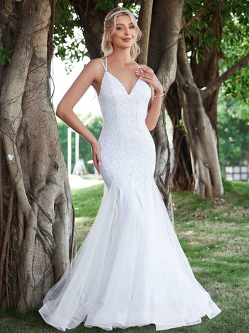 Contrast Sequin Mermaid Hem Mesh Cami Wedding Dress