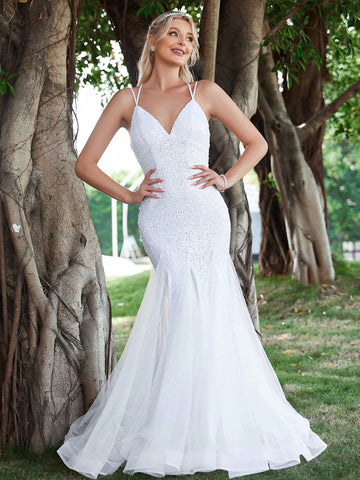 Contrast Sequin Mermaid Hem Mesh Cami Wedding Dress
