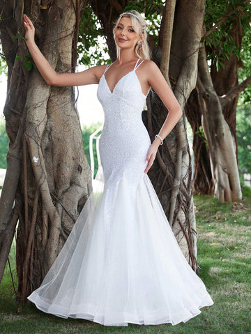 Contrast Sequin Mermaid Hem Mesh Cami Wedding Dress