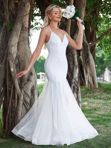 Contrast Sequin Mermaid Hem Mesh Cami Wedding Dress