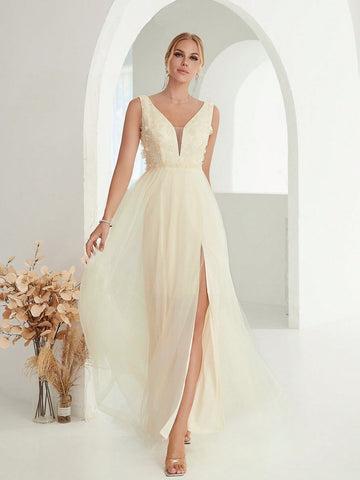 Contrast Sequin Mesh Bridesmaid Dress
