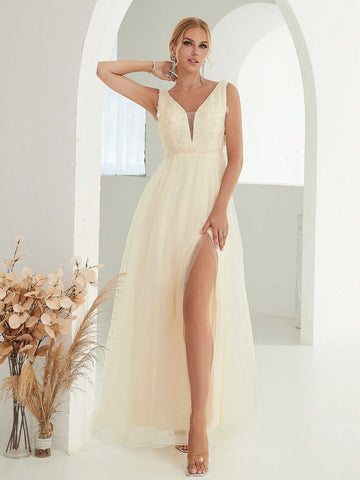Contrast Sequin Mesh Bridesmaid Dress