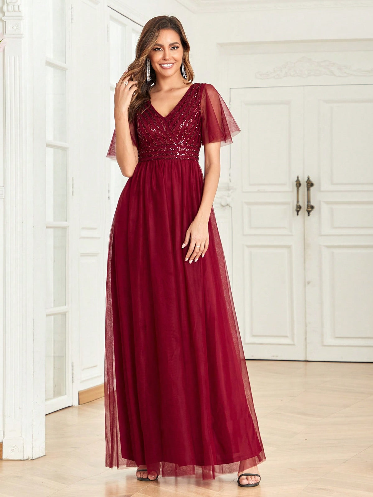 Contrast Sequin Mesh Formal Dress