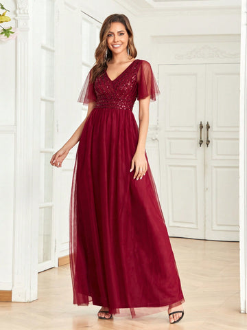 Contrast Sequin Mesh Formal Dress