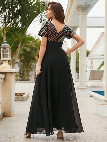 Contrast Sequin Mesh Insert Chiffon Formal Dress