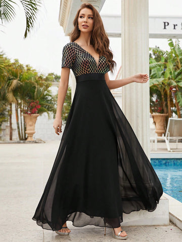 Contrast Sequin Mesh Insert Chiffon Formal Dress