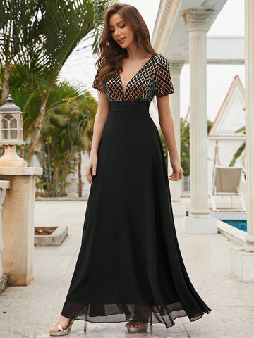 Contrast Sequin Mesh Insert Chiffon Formal Dress