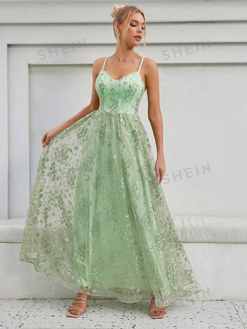 Contrast Sequin Mesh Overlay Cami Bridesmaid Dress