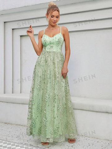 Contrast Sequin Mesh Overlay Cami Bridesmaid Dress