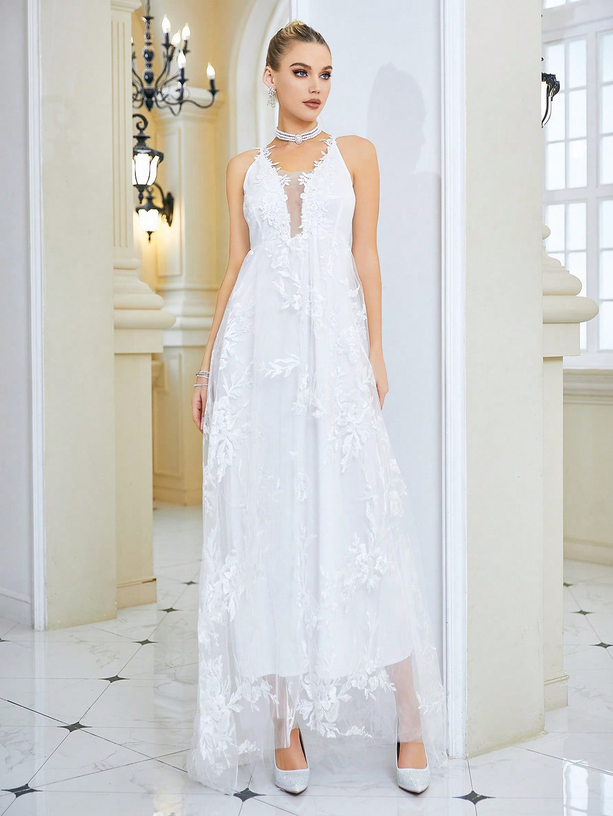 Contrast Sequin Mesh Overlay Cami Wedding Dress