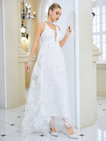 Contrast Sequin Mesh Overlay Cami Wedding Dress