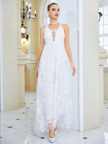 Contrast Sequin Mesh Overlay Cami Wedding Dress