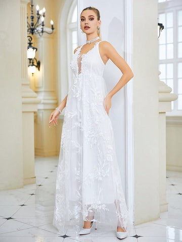 Contrast Sequin Mesh Overlay Cami Wedding Dress