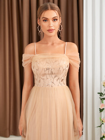 Contrast Sequin Mesh Overlay Cold Shoulder Bridesmaid Dress