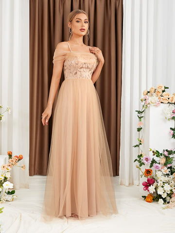 Contrast Sequin Mesh Overlay Cold Shoulder Bridesmaid Dress