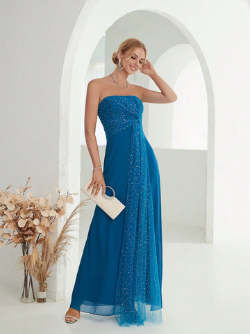 Contrast Sequin Mesh Tube Bridesmaid Dress