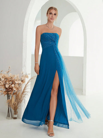 Contrast Sequin Mesh Tube Bridesmaid Dress