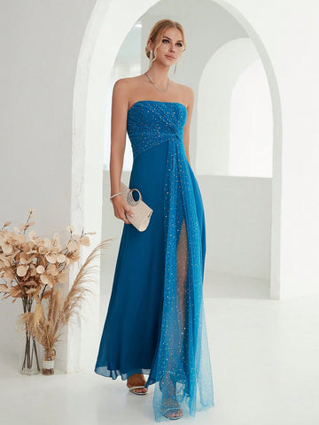Contrast Sequin Mesh Tube Bridesmaid Dress