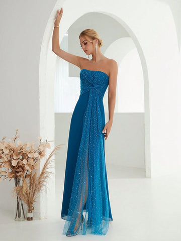 Contrast Sequin Mesh Tube Bridesmaid Dress
