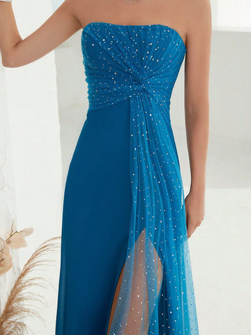 Contrast Sequin Mesh Tube Bridesmaid Dress
