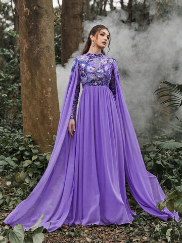 Contrast Sequin Mock Neck Extra-Long Sleeves Formal Dress