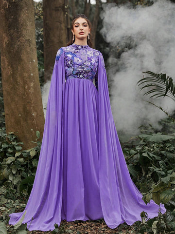 Contrast Sequin Mock Neck Extra-Long Sleeves Formal Dress