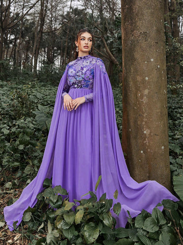 Contrast Sequin Mock Neck Extra-Long Sleeves Formal Dress