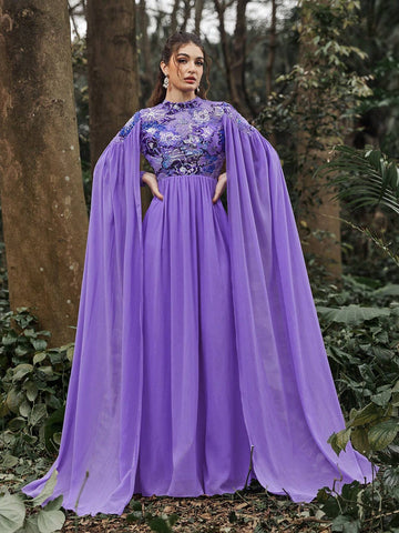 Contrast Sequin Mock Neck Extra-Long Sleeves Formal Dress