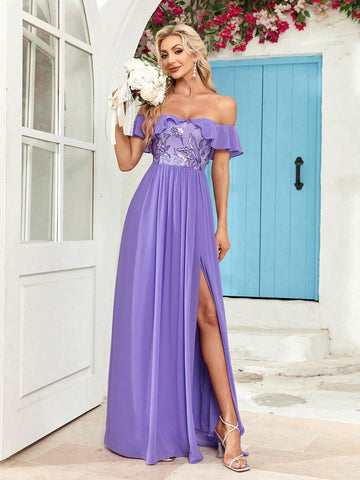 Contrast Sequin Off Shoulder Chiffon Bridesmaid Dress
