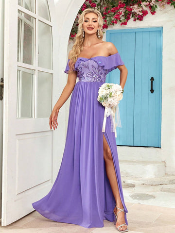 Contrast Sequin Off Shoulder Chiffon Bridesmaid Dress