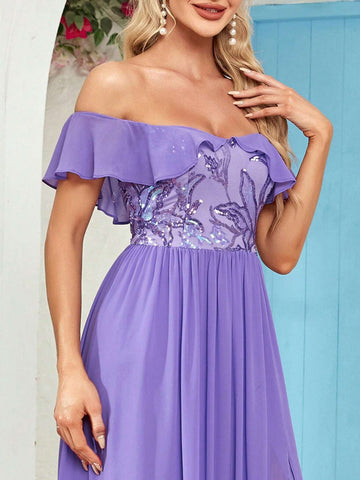 Contrast Sequin Off Shoulder Chiffon Bridesmaid Dress