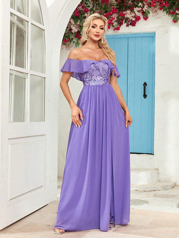 Contrast Sequin Off Shoulder Chiffon Bridesmaid Dress