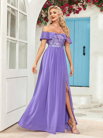 Contrast Sequin Off Shoulder Chiffon Bridesmaid Dress