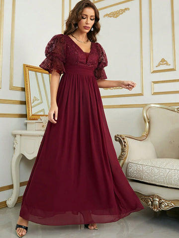 Contrast Sequin Puff Sleeve Chiffon Bridesmaid Dress