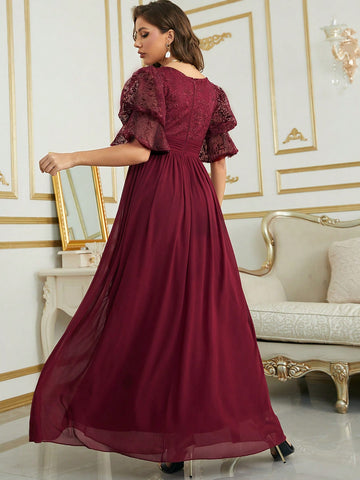 Contrast Sequin Puff Sleeve Chiffon Bridesmaid Dress