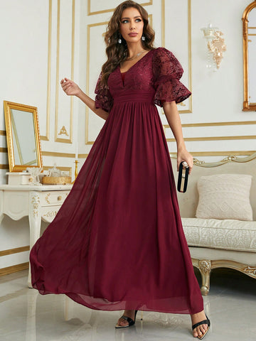 Contrast Sequin Puff Sleeve Chiffon Bridesmaid Dress