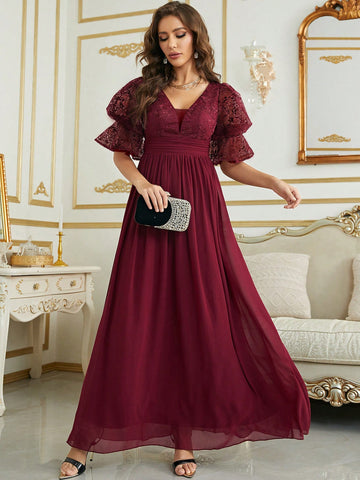 Contrast Sequin Puff Sleeve Chiffon Bridesmaid Dress