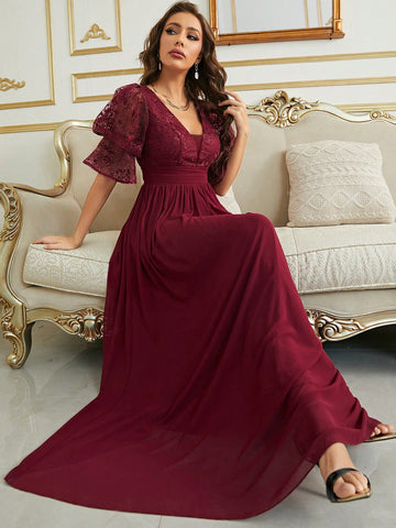 Contrast Sequin Puff Sleeve Chiffon Bridesmaid Dress