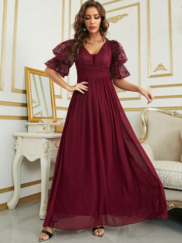 Contrast Sequin Puff Sleeve Chiffon Bridesmaid Dress