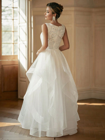 Contrast Sequin Round Neck Wedding Dress With Beaded Embroidery