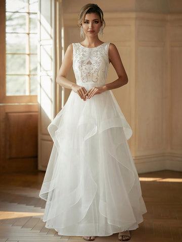 Contrast Sequin Round Neck Wedding Dress With Beaded Embroidery